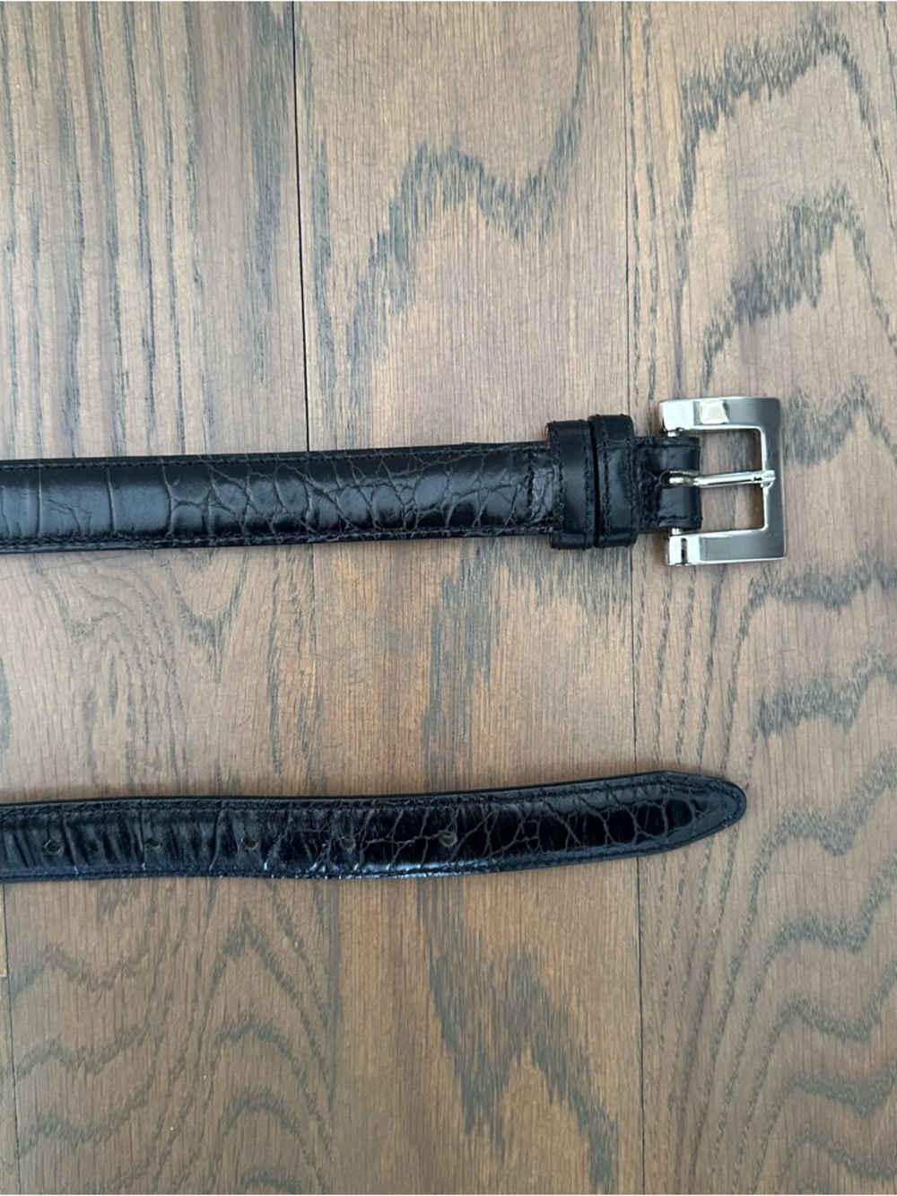 Vintage Made in Italy Calfskin Crocodile Embossed Leather Belt Black, Silver S